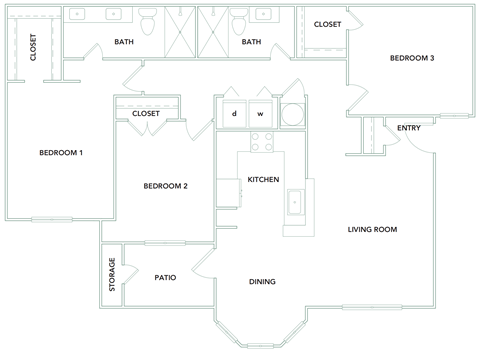 3 bedroom 2 bathroom 1300 sq ft Floorplanat The Aster Sugar Land Apartments, Sugar Land, Texas